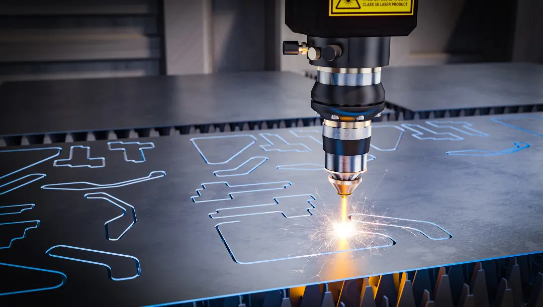 Close-up of a laser cutting machine etching precise geometric shapes into a flat sheet of metal. Bright sparks and a concentrated beam mark the cutting point, while pre-cut outlines are visible across the sheet.